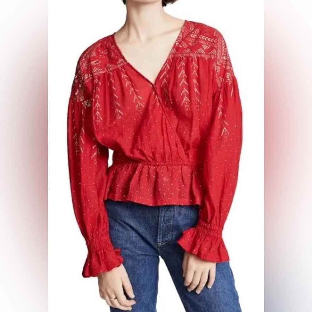 Free People Red Embroidered Peplum Blouse